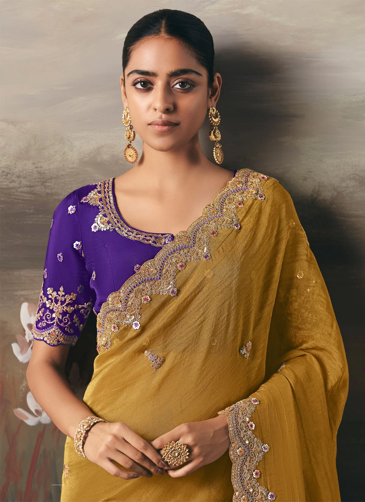 Mustard Tissue Silk Saree with Heavy Embroidered Border & Contrast Blouse - Image 4