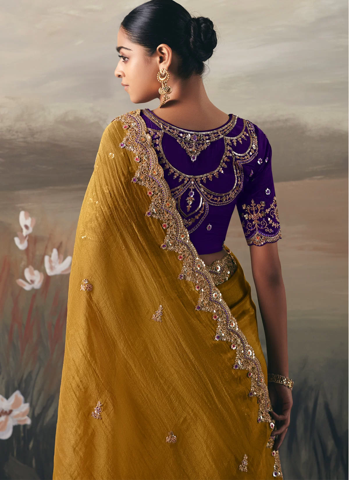 Mustard Tissue Silk Saree with Heavy Embroidered Border & Contrast Blouse - Image 3