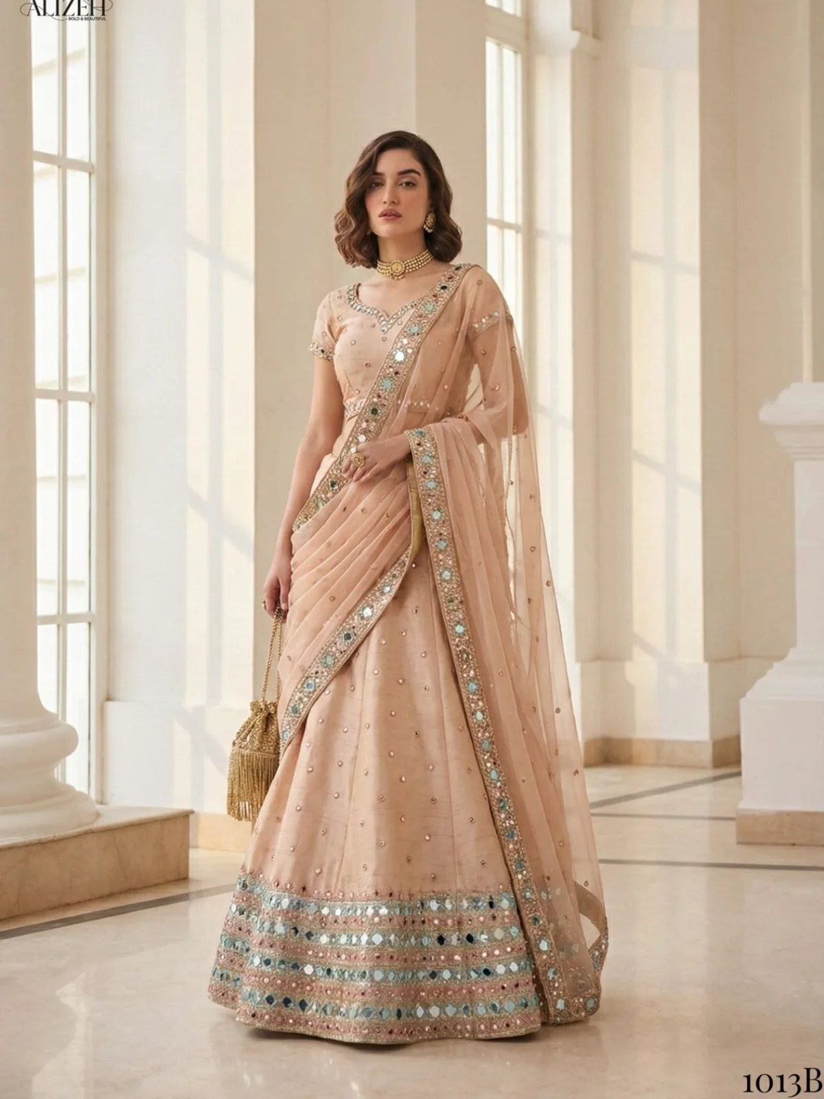 Alizeh Mirror Maze Beige Colour Designer Mirror Work Lehenga Set