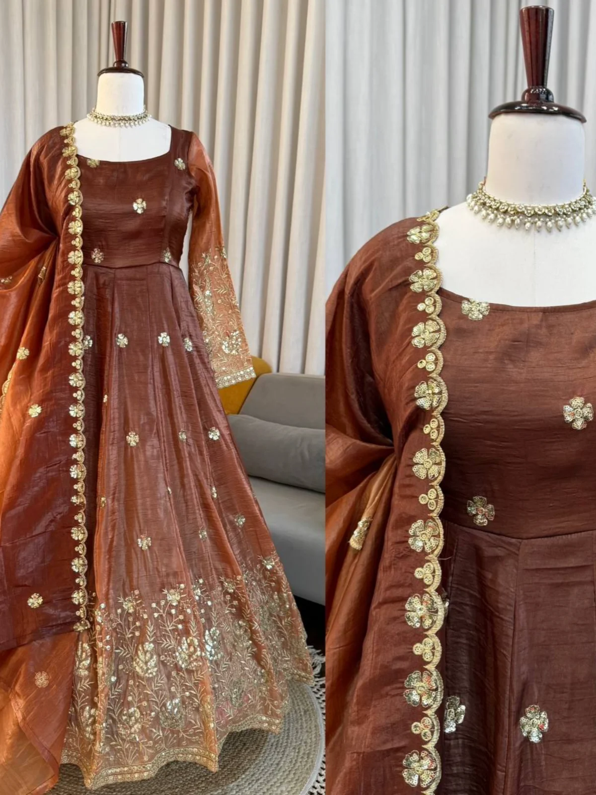 Beautiful Chinon Silk Anarkali Salwar Suit Set with Dupatta - Image 7