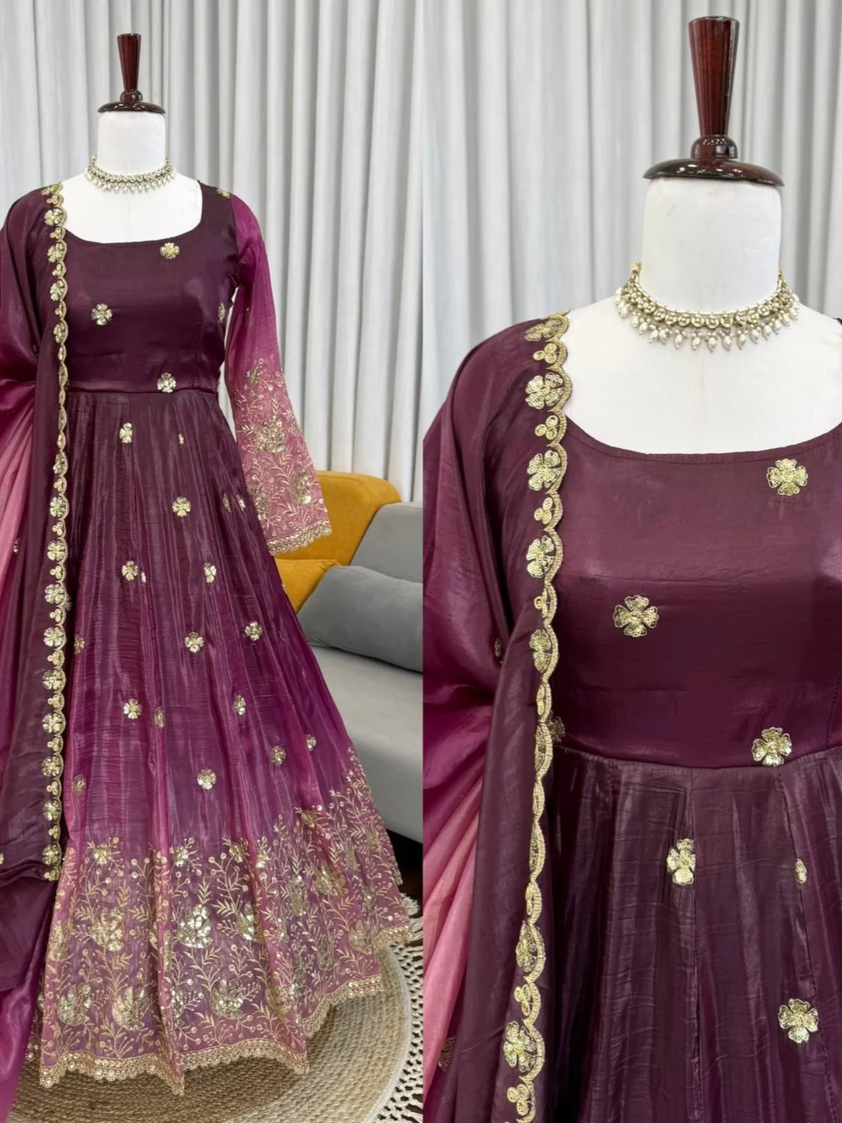 Beautiful Chinon Silk Anarkali Salwar Suit Set with Dupatta - Image 6