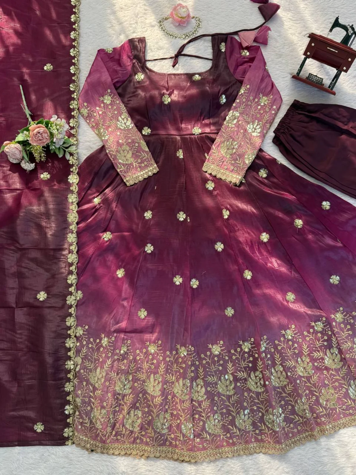 Beautiful Chinon Silk Anarkali Salwar Suit Set with Dupatta - Image 4