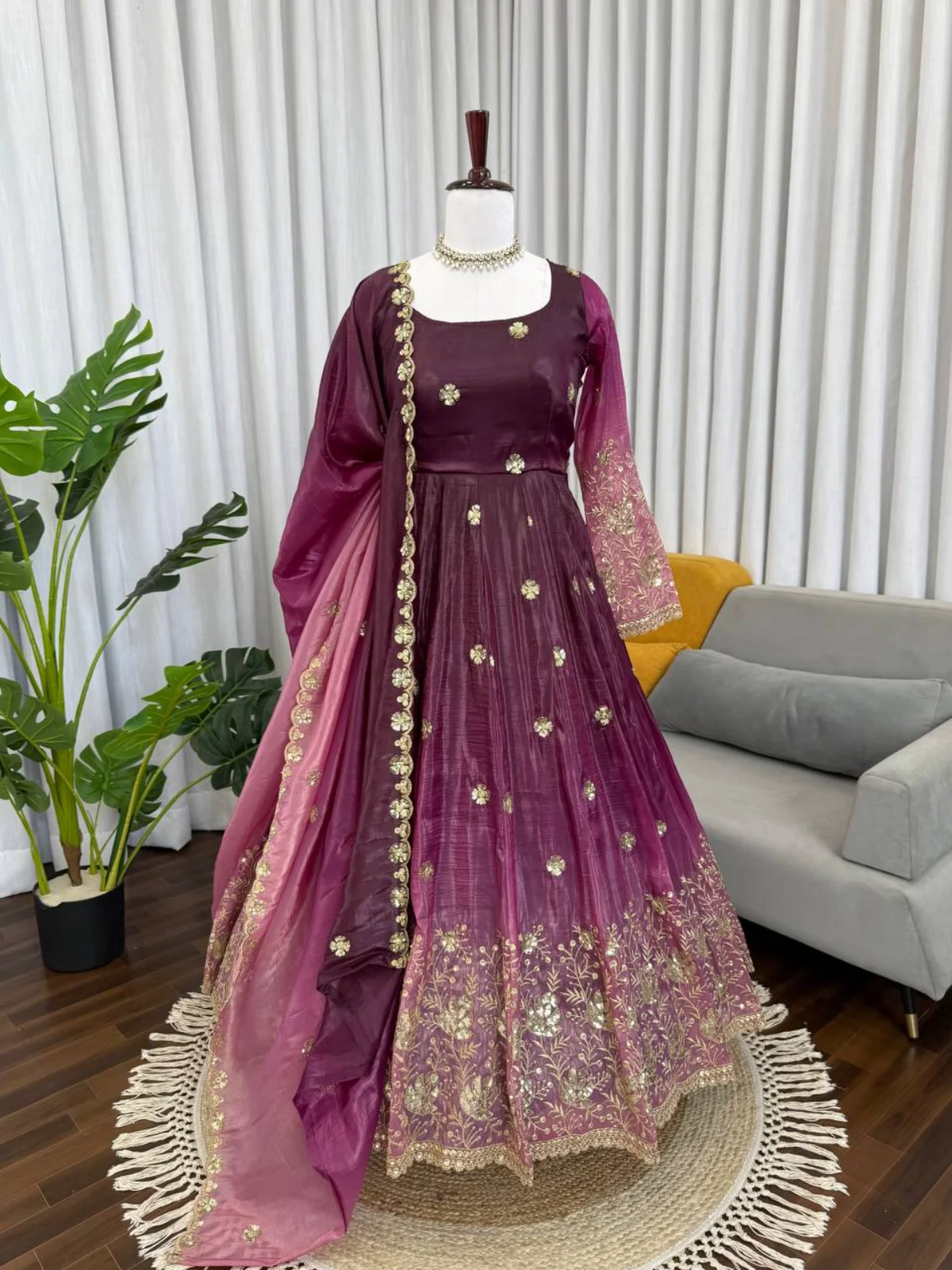 Beautiful Chinon Silk Anarkali Salwar Suit Set with Dupatta - Image 3