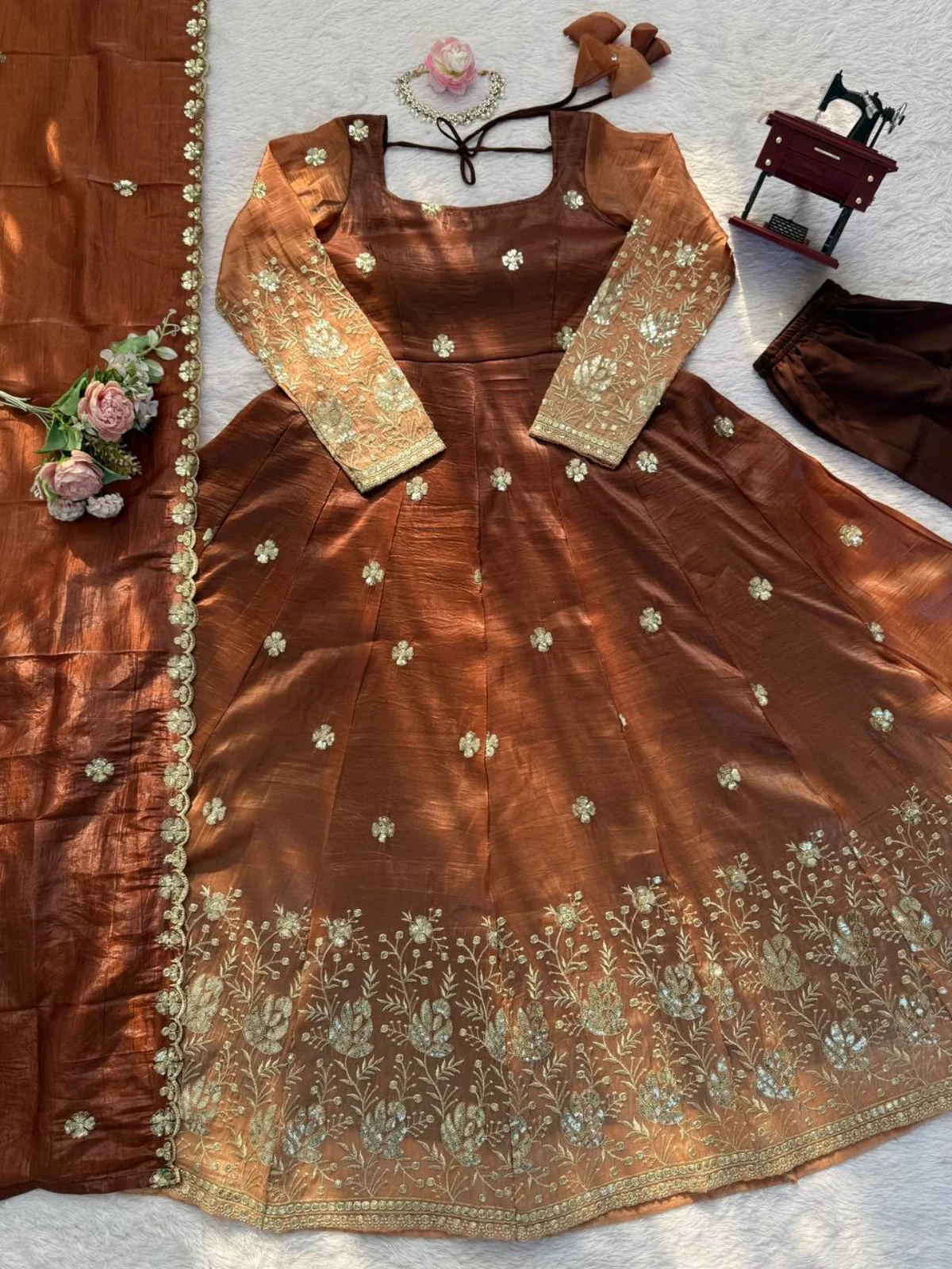 Beautiful Chinon Silk Anarkali Salwar Suit Set with Dupatta - Image 8