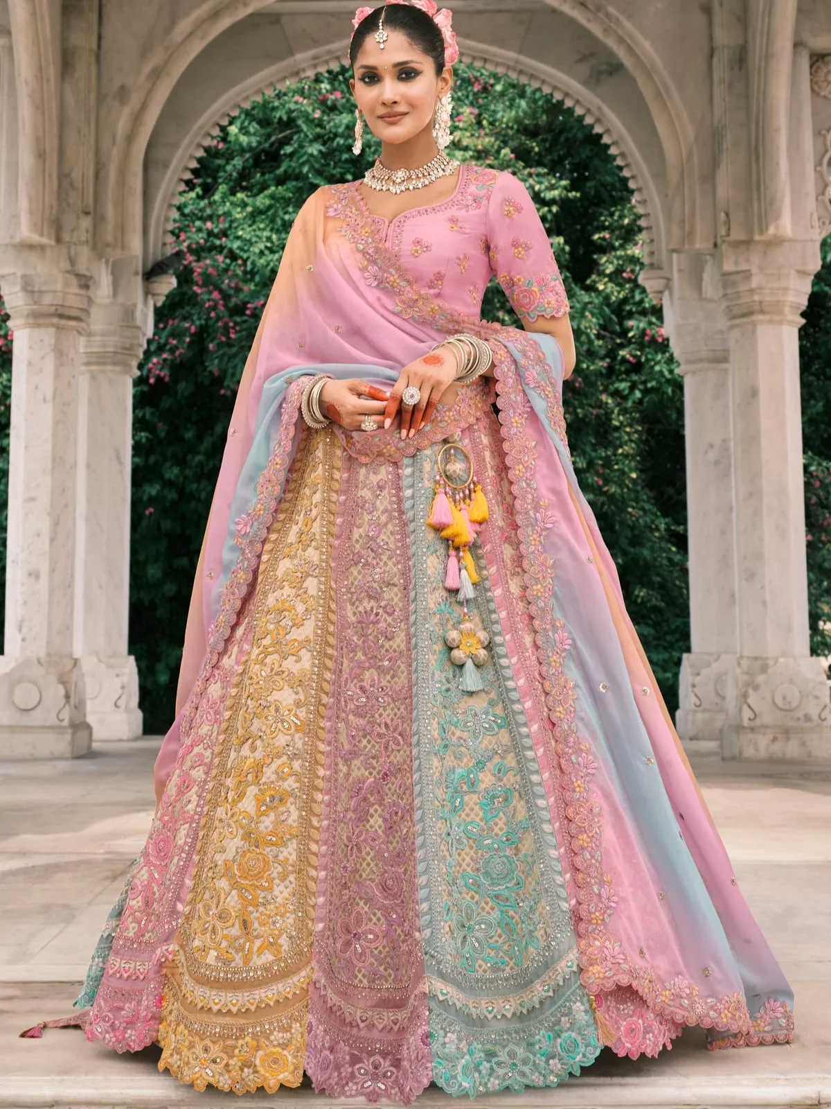 Multi-Colour Pastel Designer Embroidery Work Bridal Lehenga Choli