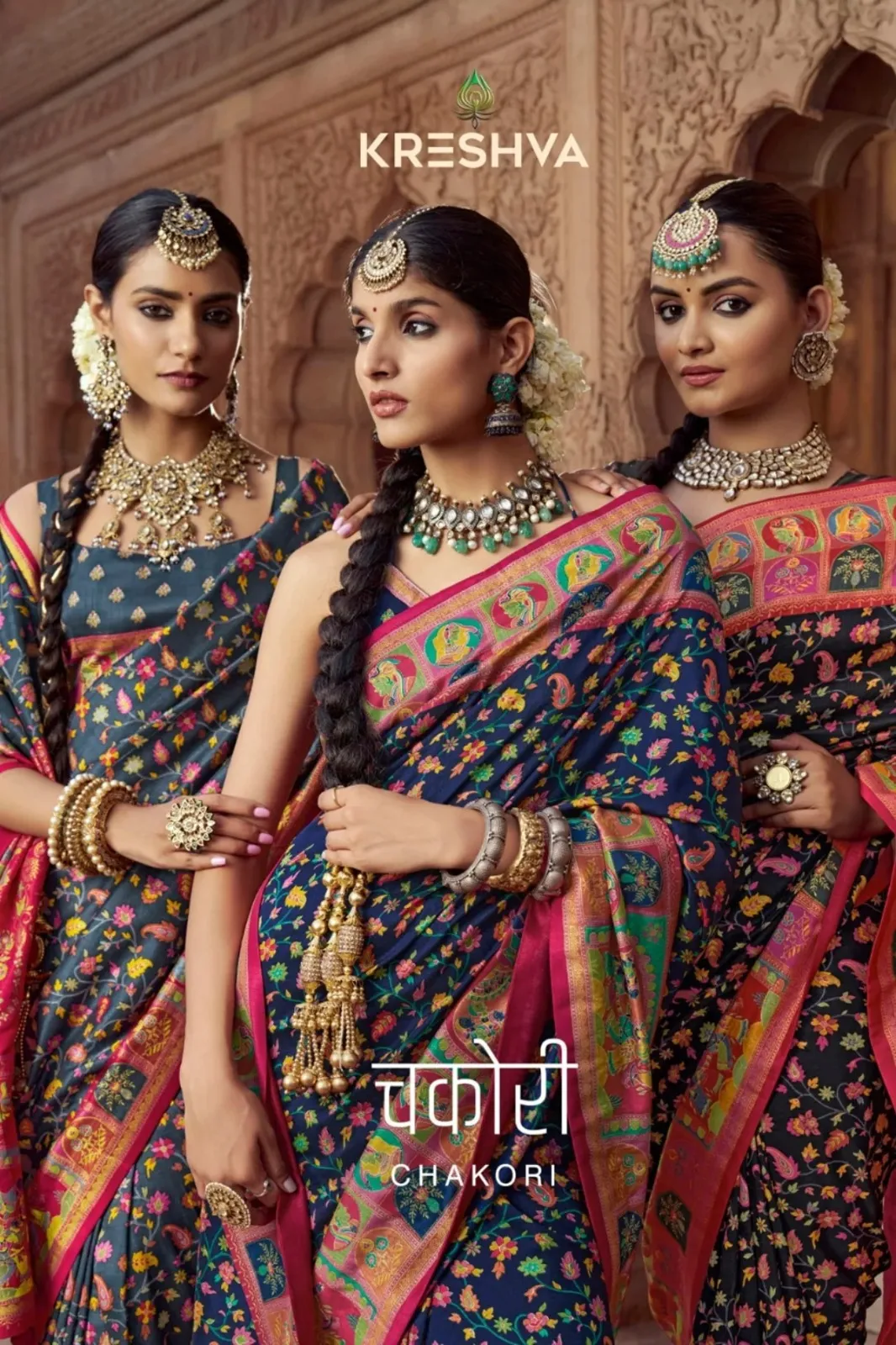 Kreshva Chakori Twill P.V.Silk With Pashmina Print Saree Collection