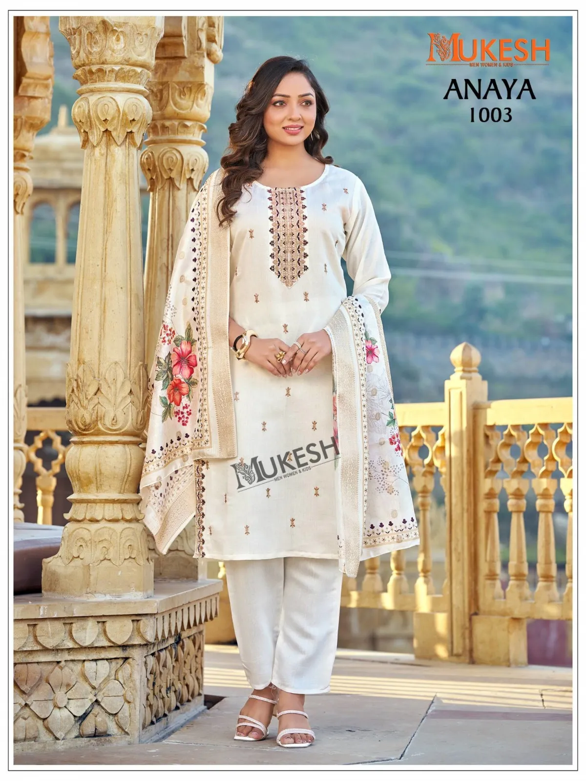 Mukesh Anaya Gadhwal Silk Embroidery Work Kurti Pant Set - Image 3