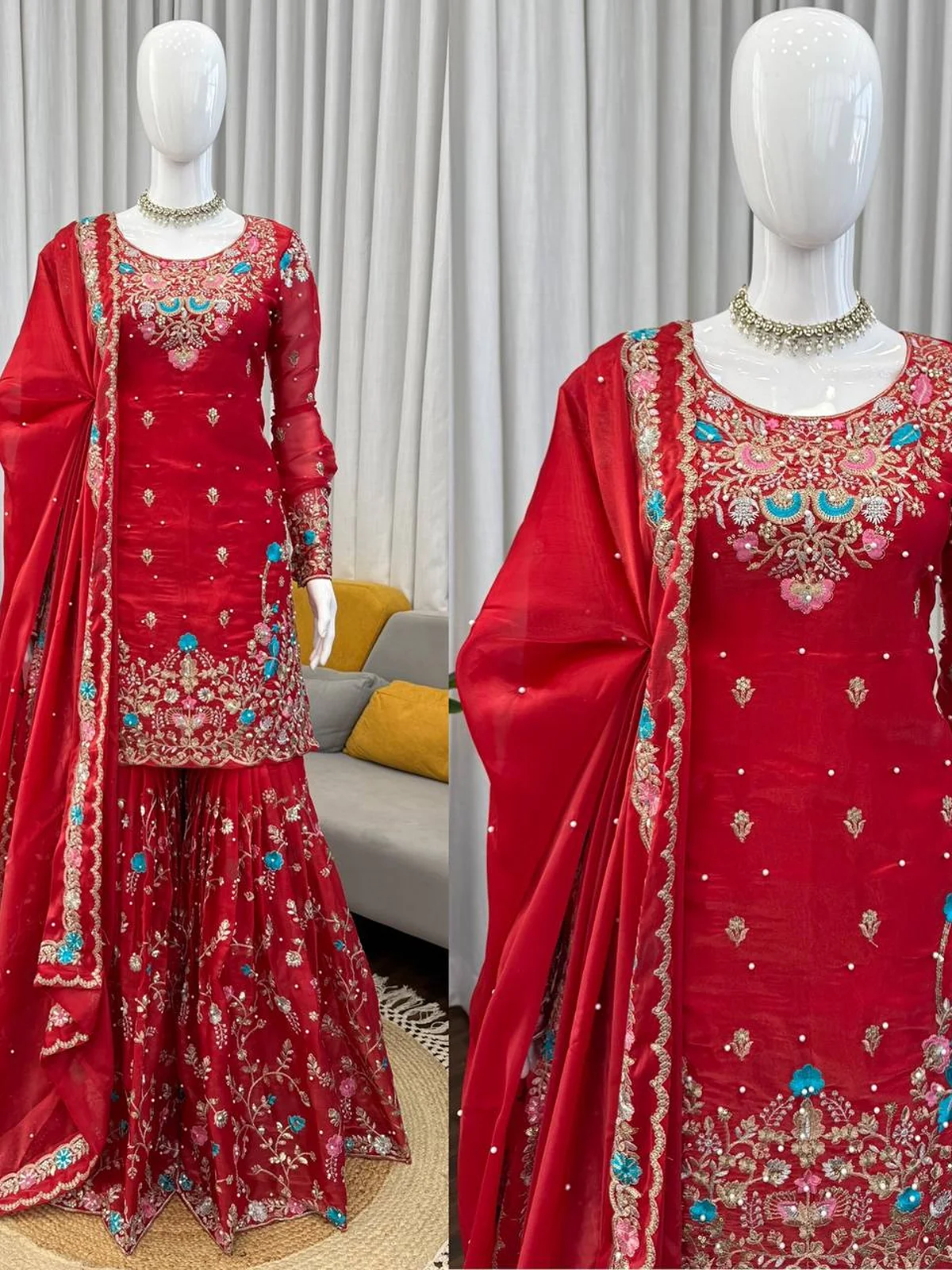 Elegant JMC Silk Anarkali Sharara Set with Embroidery & Dupatta - Image 7