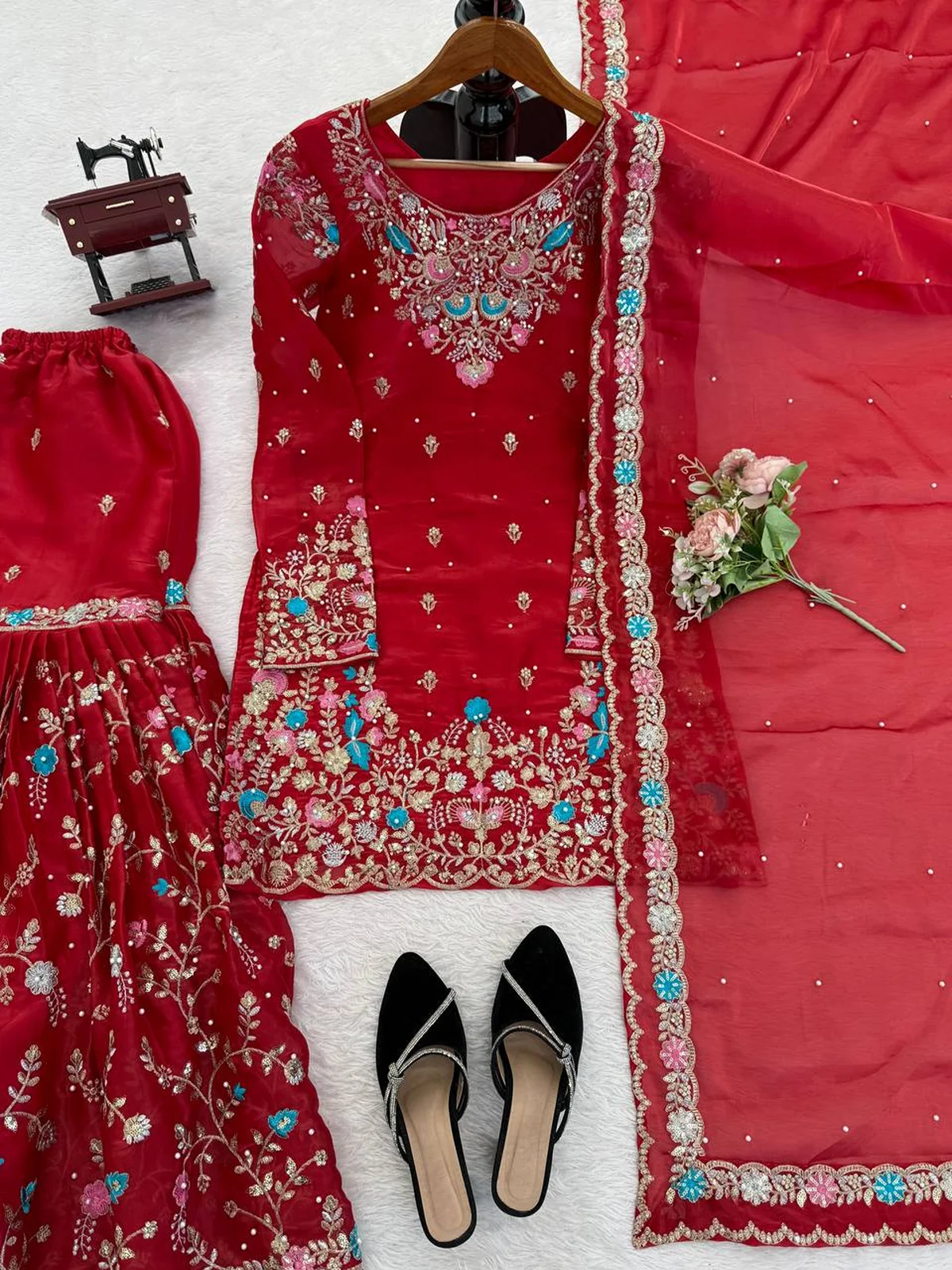 Elegant JMC Silk Anarkali Sharara Set with Embroidery & Dupatta - Image 8