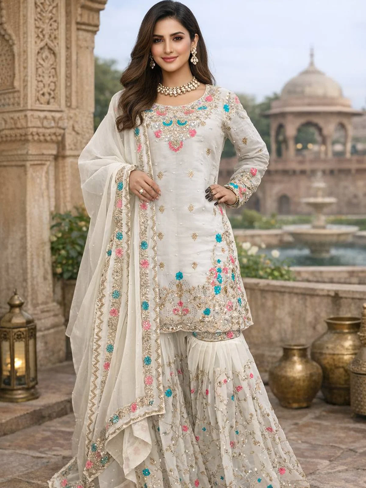 Elegant JMC Silk Anarkali Sharara Set with Embroidery & Dupatta - Image 3