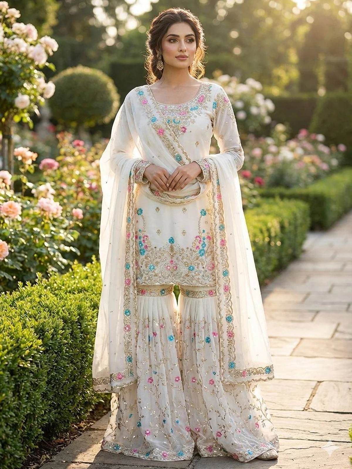 Elegant JMC Silk Anarkali Sharara Set with Embroidery & Dupatta - Image 2