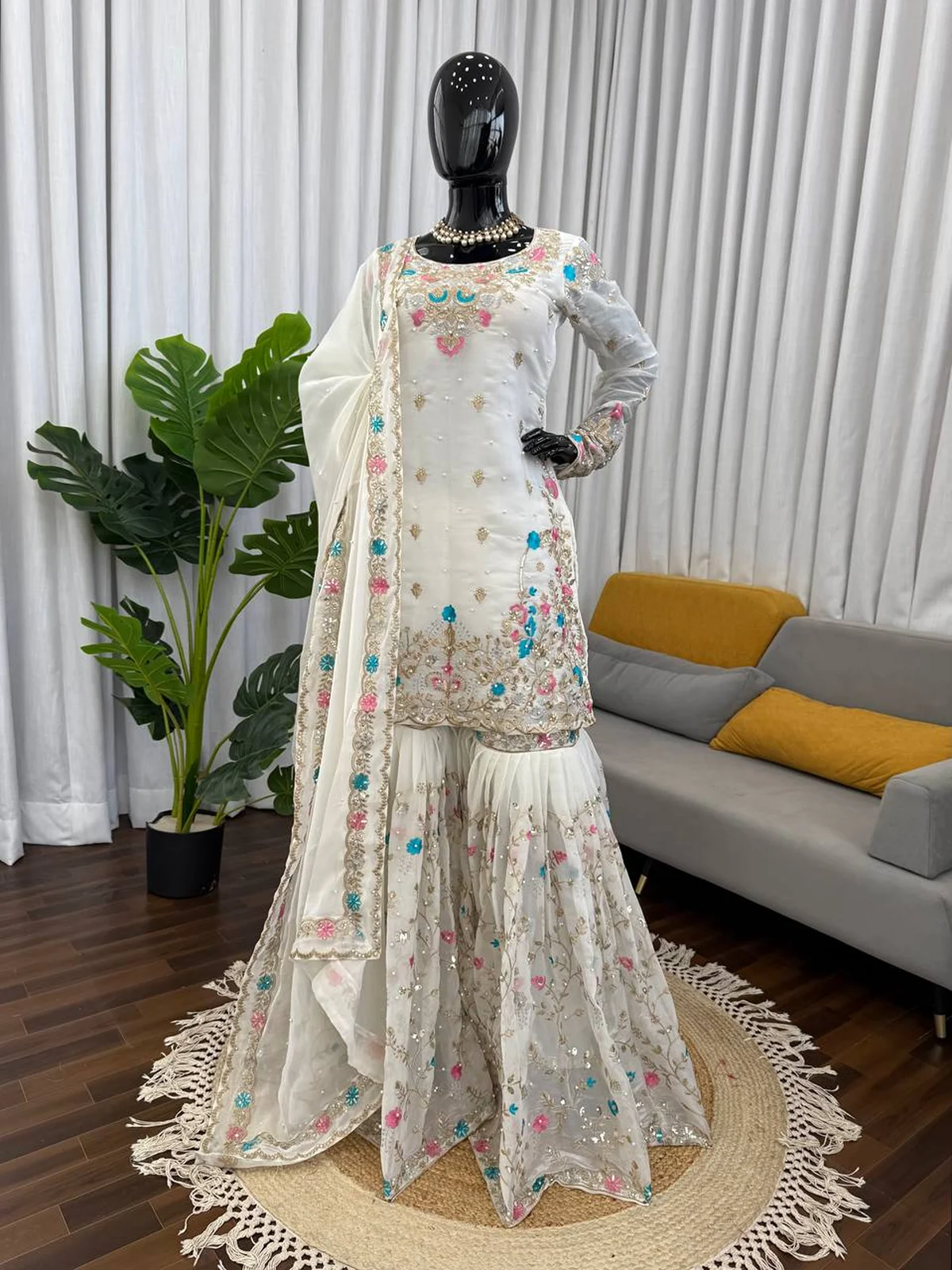 Elegant JMC Silk Anarkali Sharara Set with Embroidery & Dupatta - Image 6