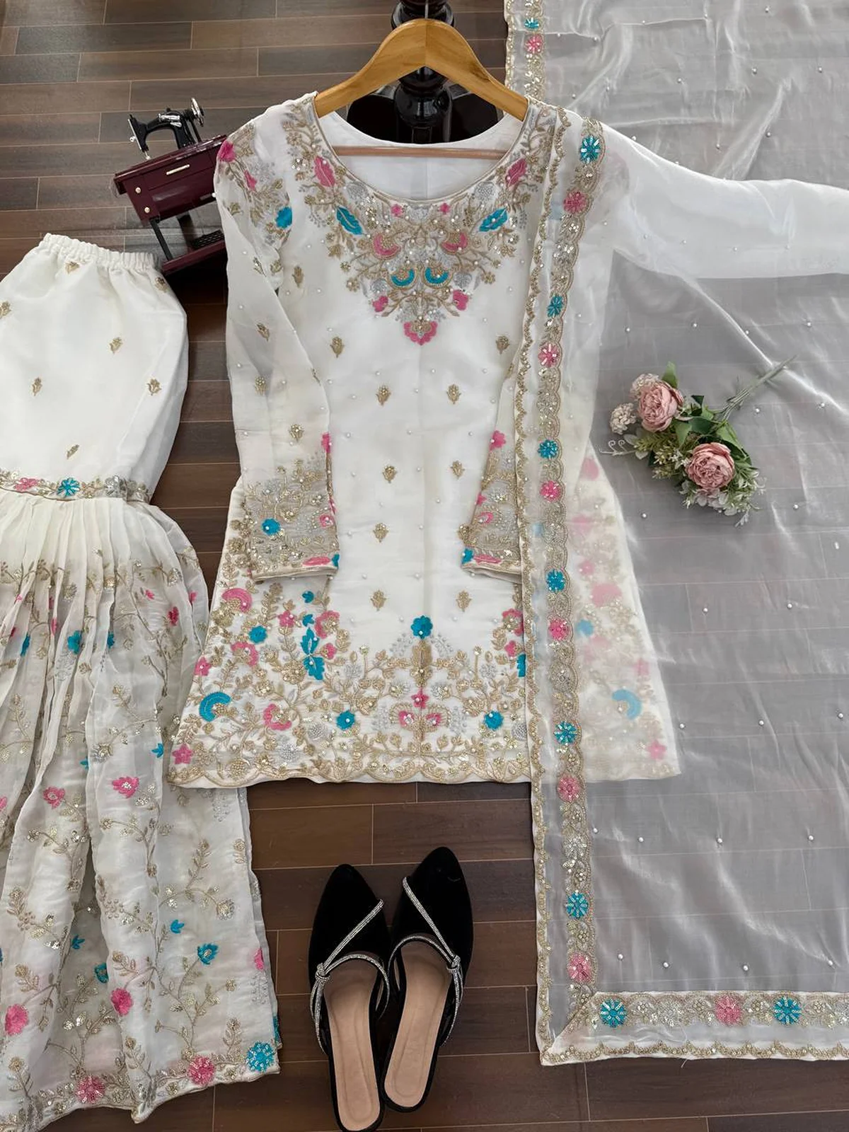 Elegant JMC Silk Anarkali Sharara Set with Embroidery & Dupatta - Image 5