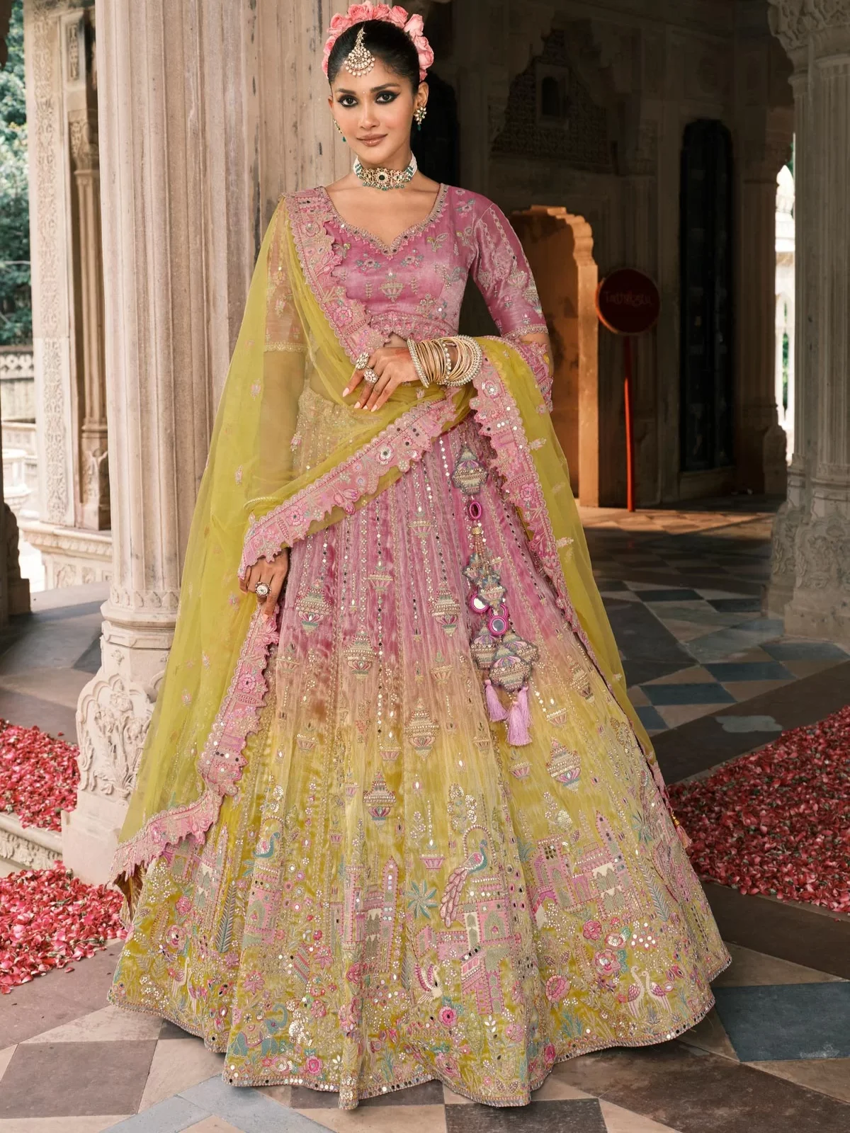 Mustard & Pink Designer Bridal Lehenga Choli with Heavy Embroidery and Dupatta