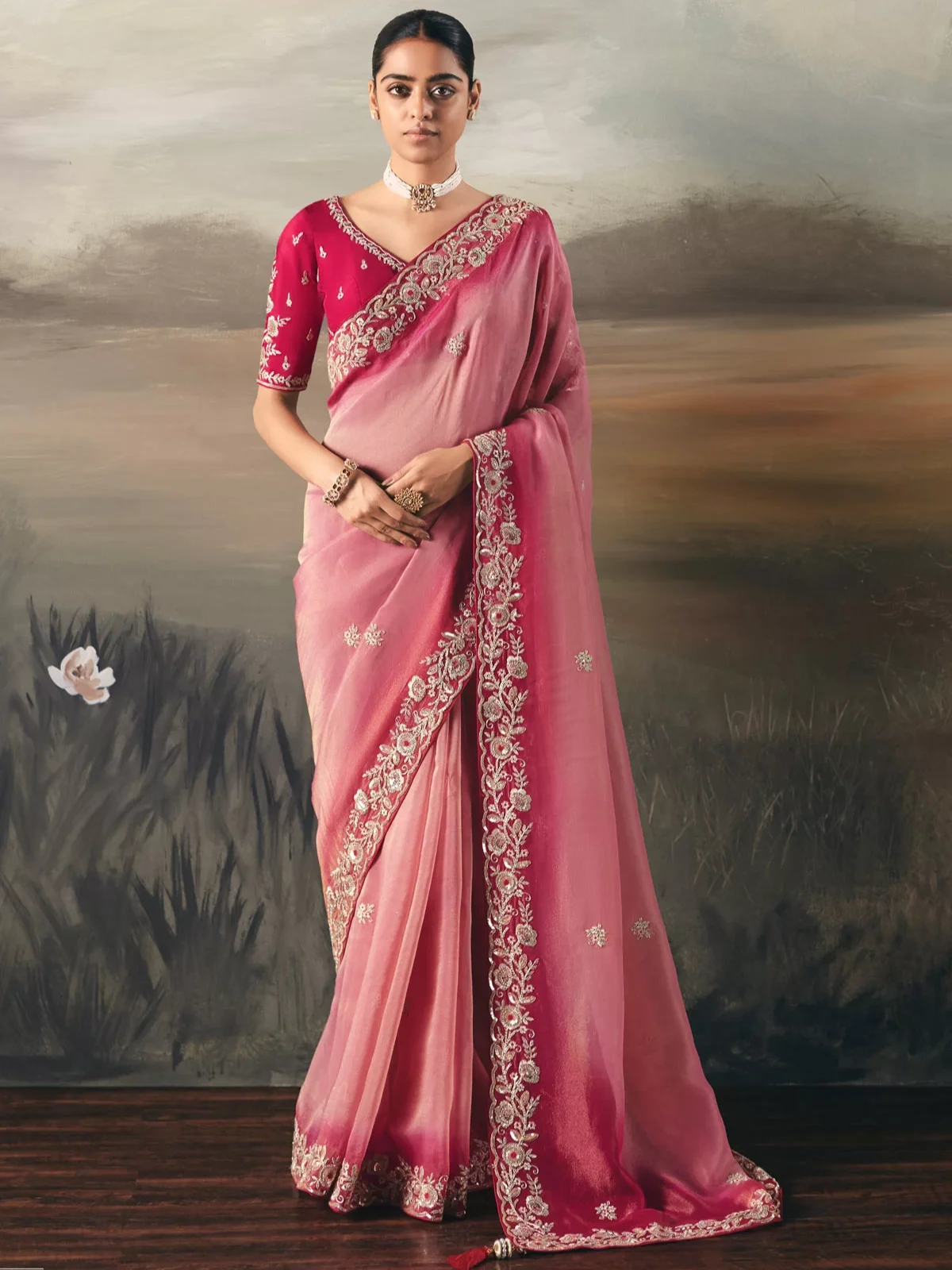 Classic Pink Tissue Zari Embroidered Saree with Heavy Work Blouse