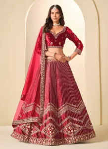 Velvet Designer Trendy Red Lehenga Choli with Net Dupatta