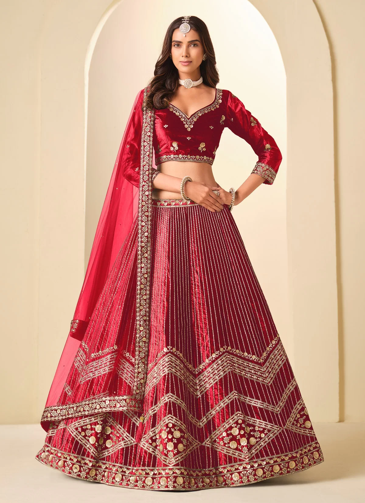 Velvet Designer Trendy Red Lehenga Choli with Net Dupatta
