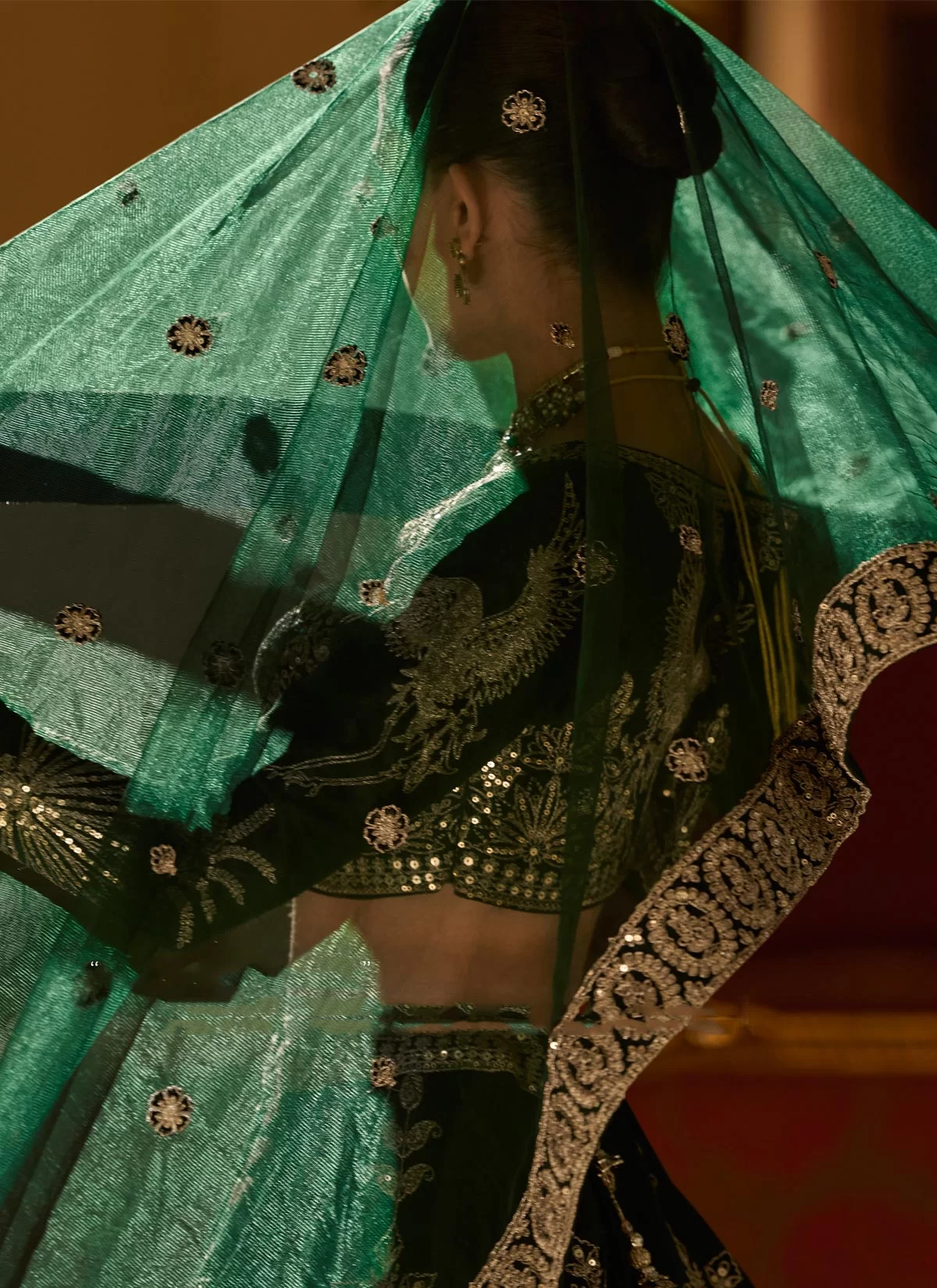 Green Silk Readymade Lehenga Choli with Embroidered Work for Bridal - Image 2