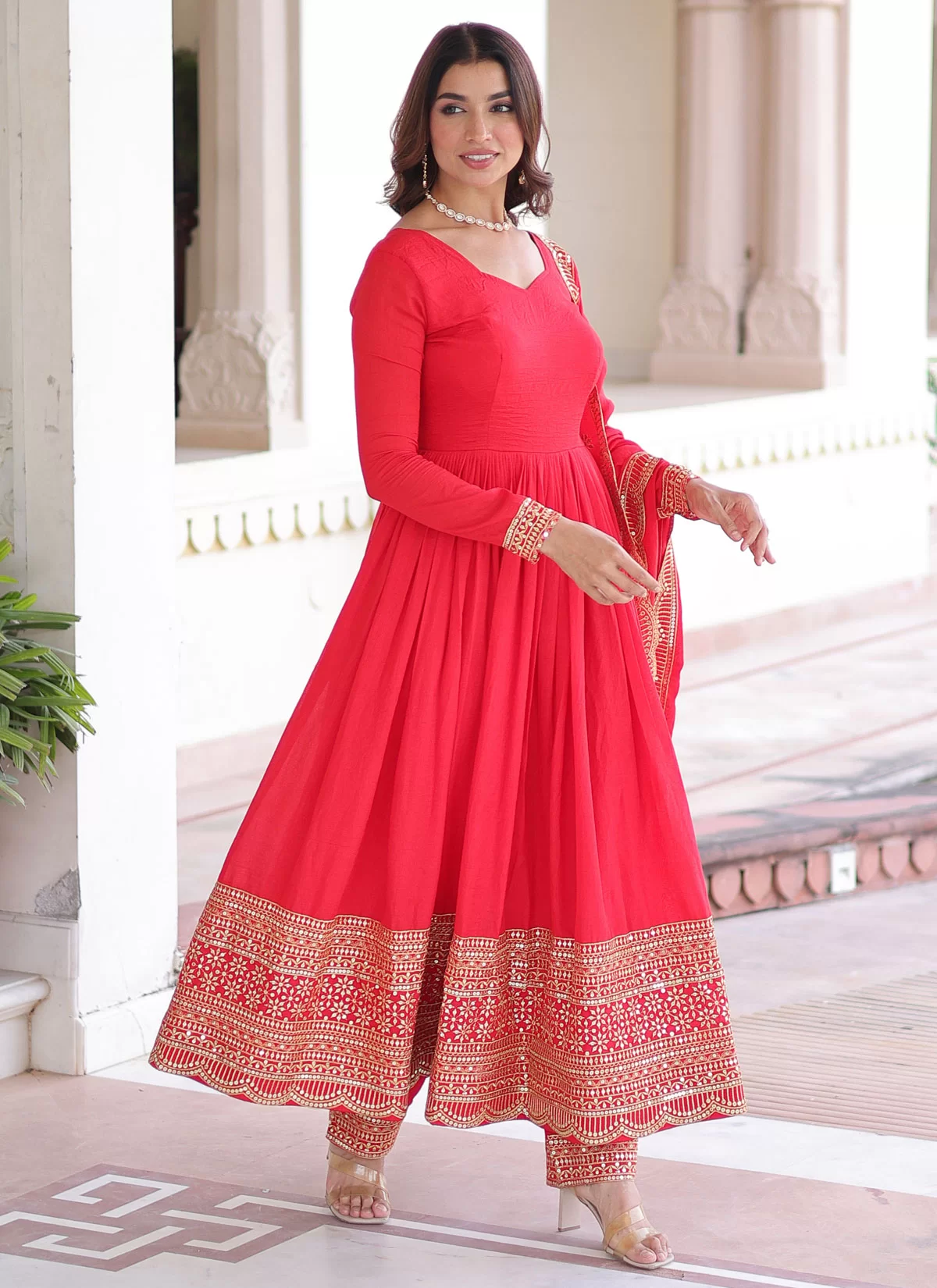 Red Vichitra Silk Readymade Embroidered Salwar Suit - Image 2