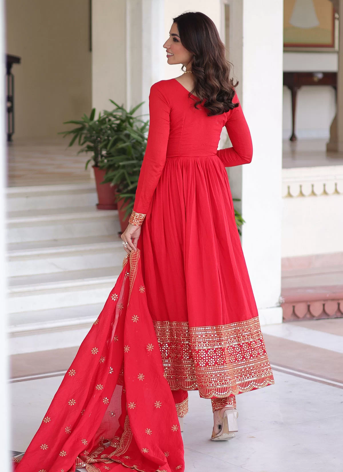Red Vichitra Silk Readymade Embroidered Salwar Suit - Image 4