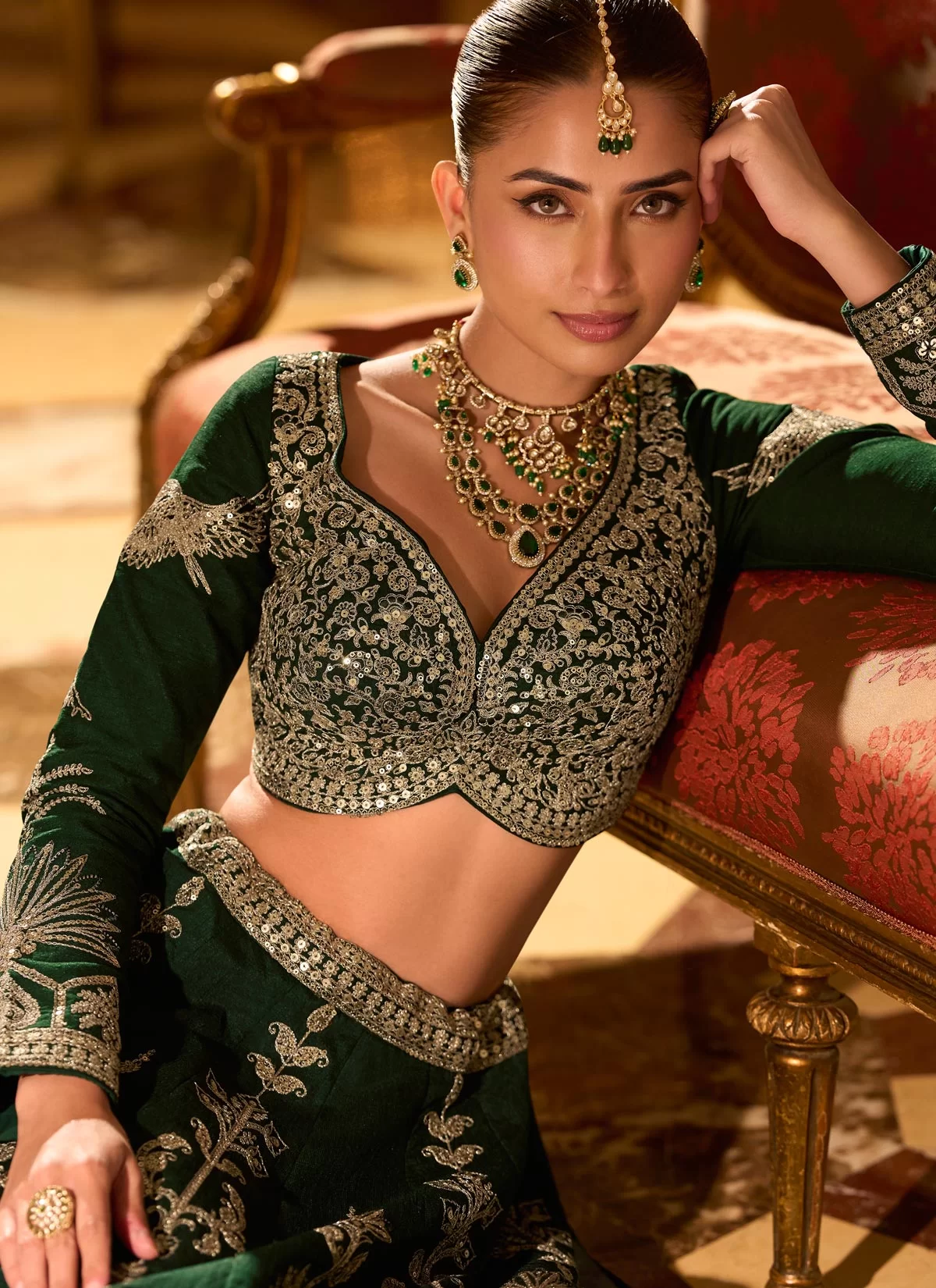 Green Silk Readymade Lehenga Choli with Embroidered Work for Bridal - Image 4
