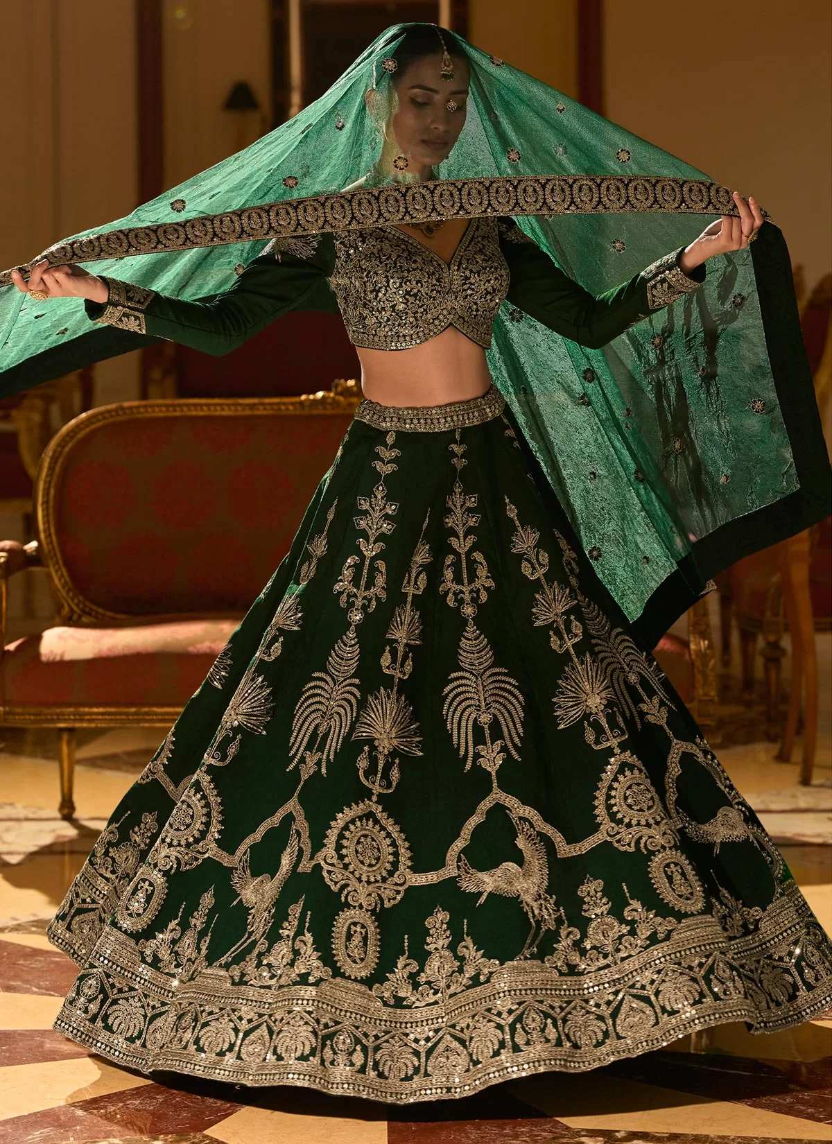 Green Silk Readymade Lehenga Choli with Embroidered Work for Bridal - Image 3