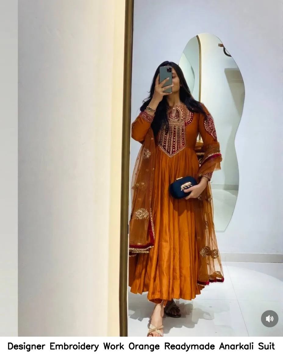 Designer Embroidery Work Orange Readymade Anarkali Suit