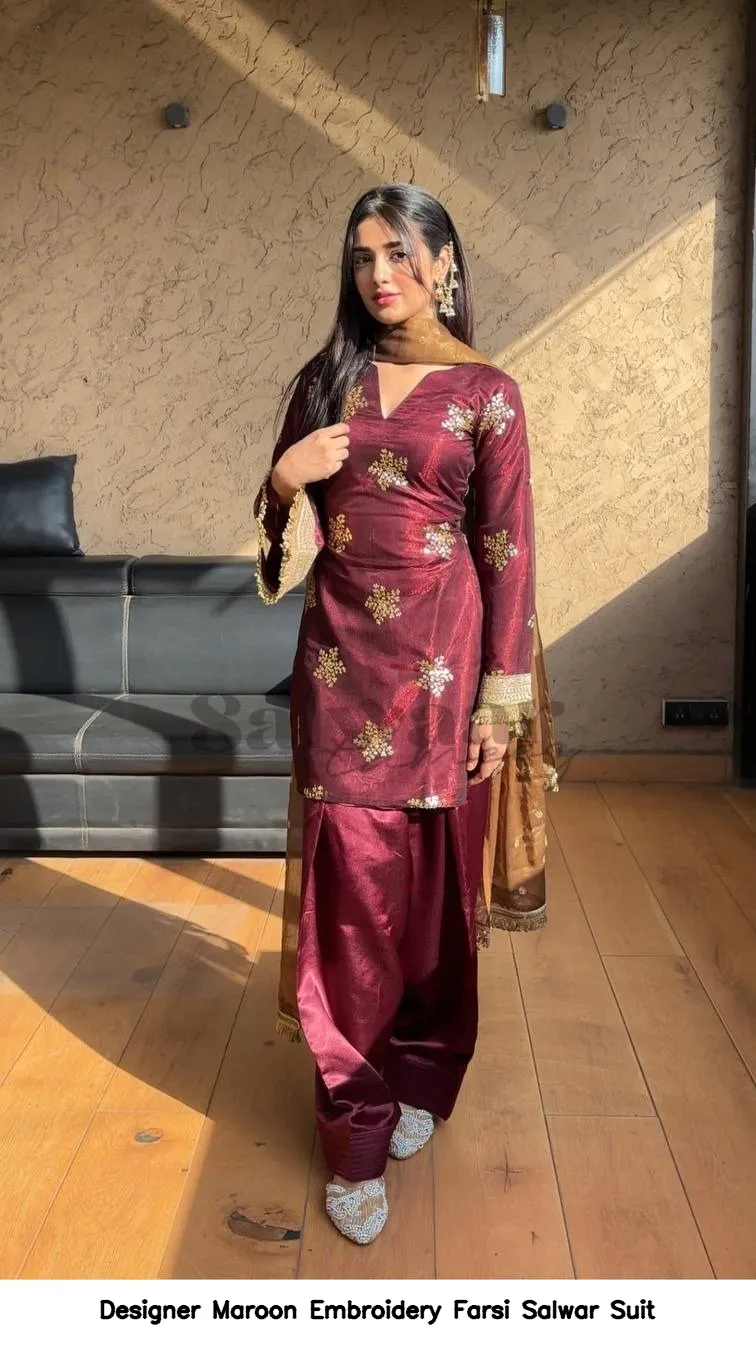 Designer Maroon Embroidery Farsi Salwar Suit