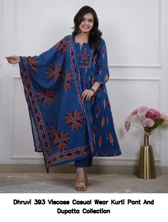 Dhruvi 393 Viscose Casual Wear Kurti Pant And Dupatta Collection