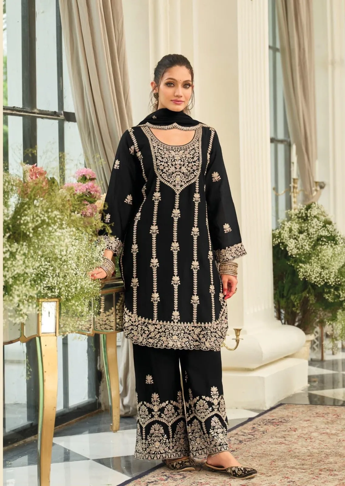 Eba Pallavi Black And White Chinon With Embroidery Top Bottom And Dupatta Set