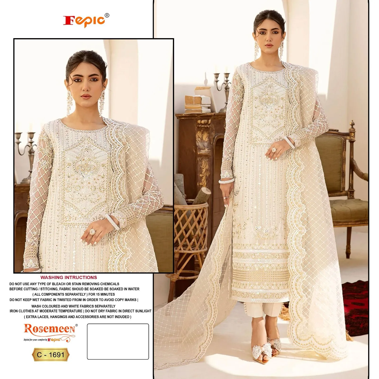Fepic 1691 White Color Georgette Embroidery Work Pakistani Salwar Suit