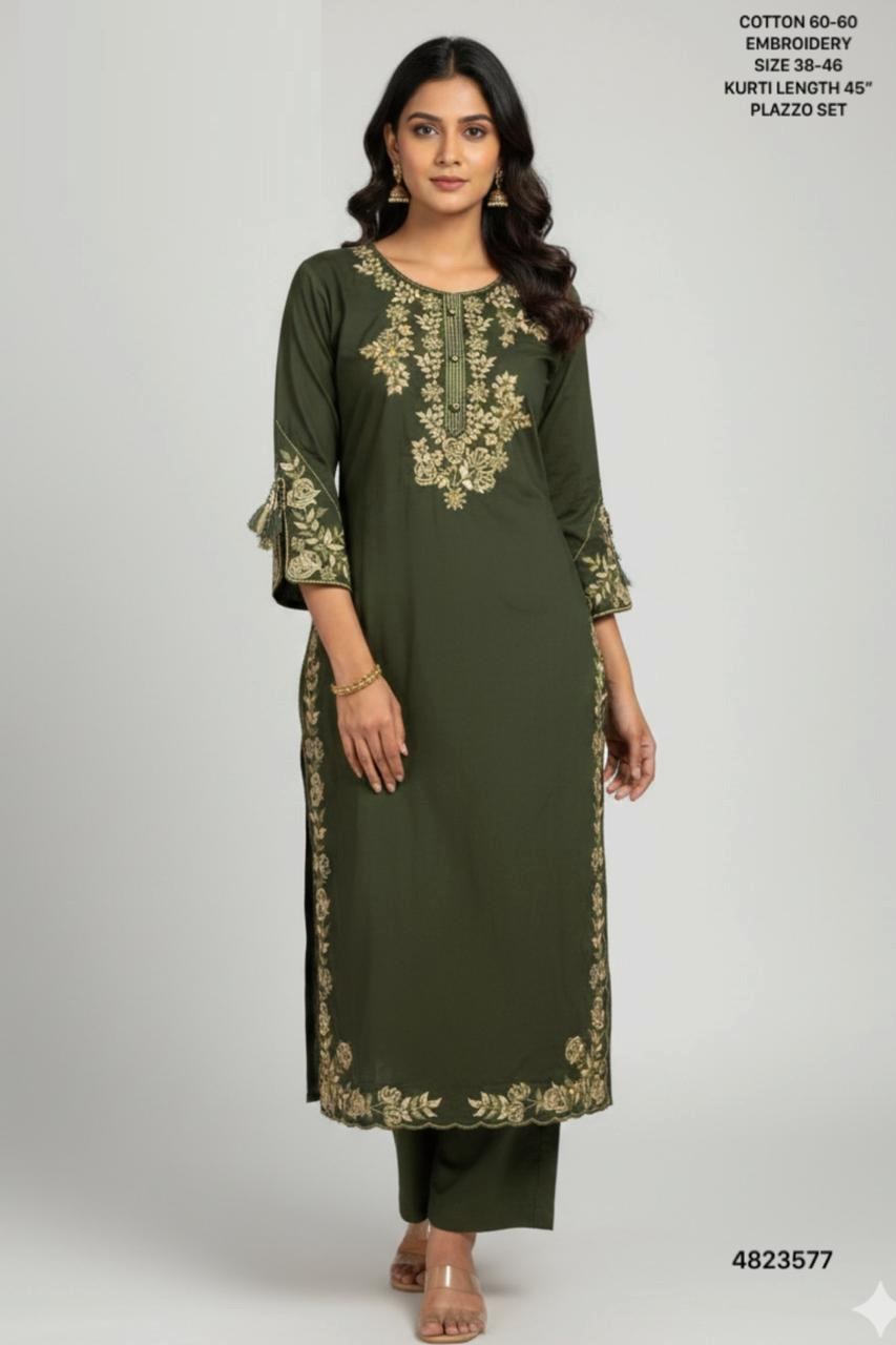 Naisha K 528 Cotton Embroidery Casual Wear Top And Bottom Set