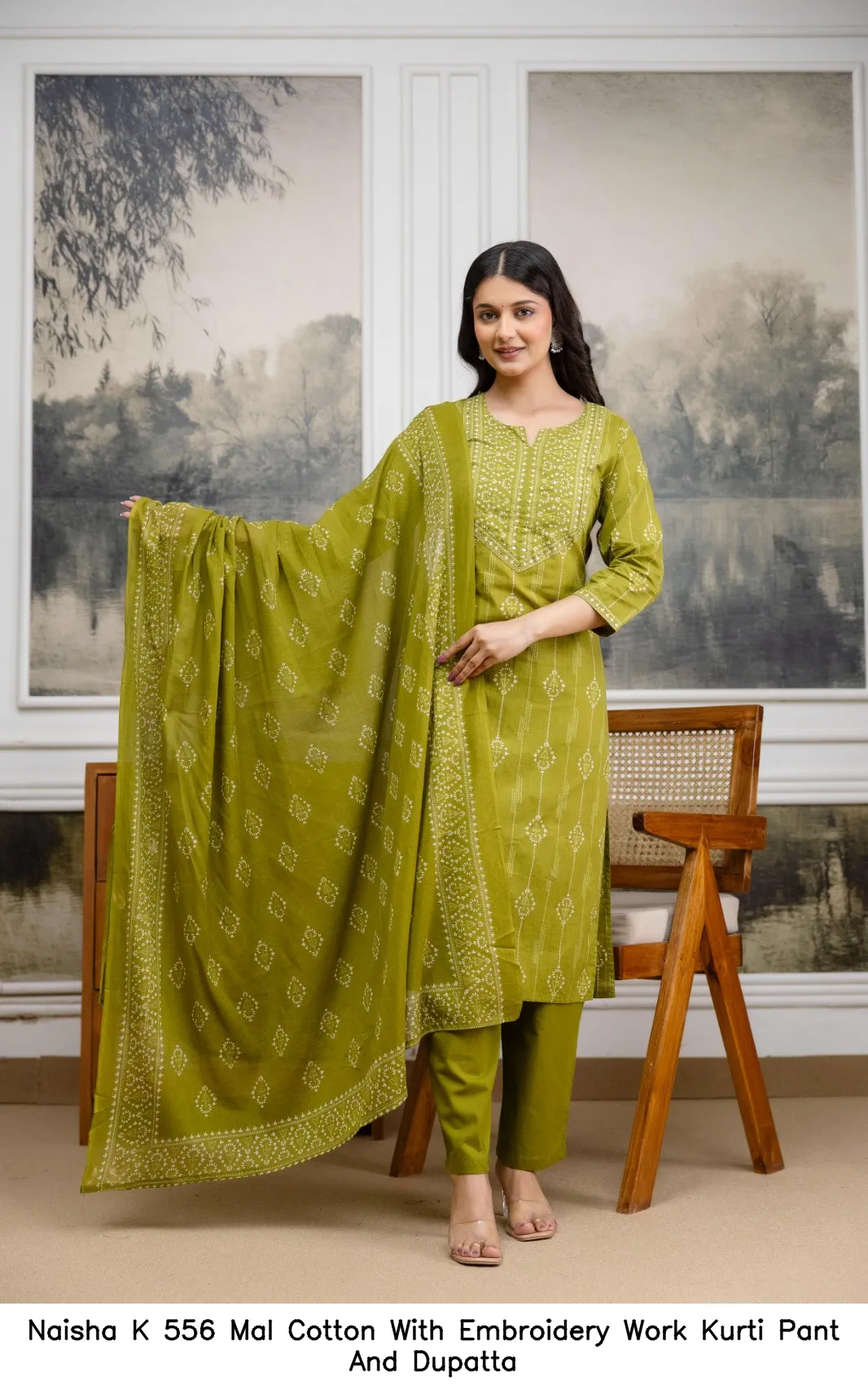 Naisha K 556 Mal Cotton With Embroidery Work Kurti Pant And Dupatta