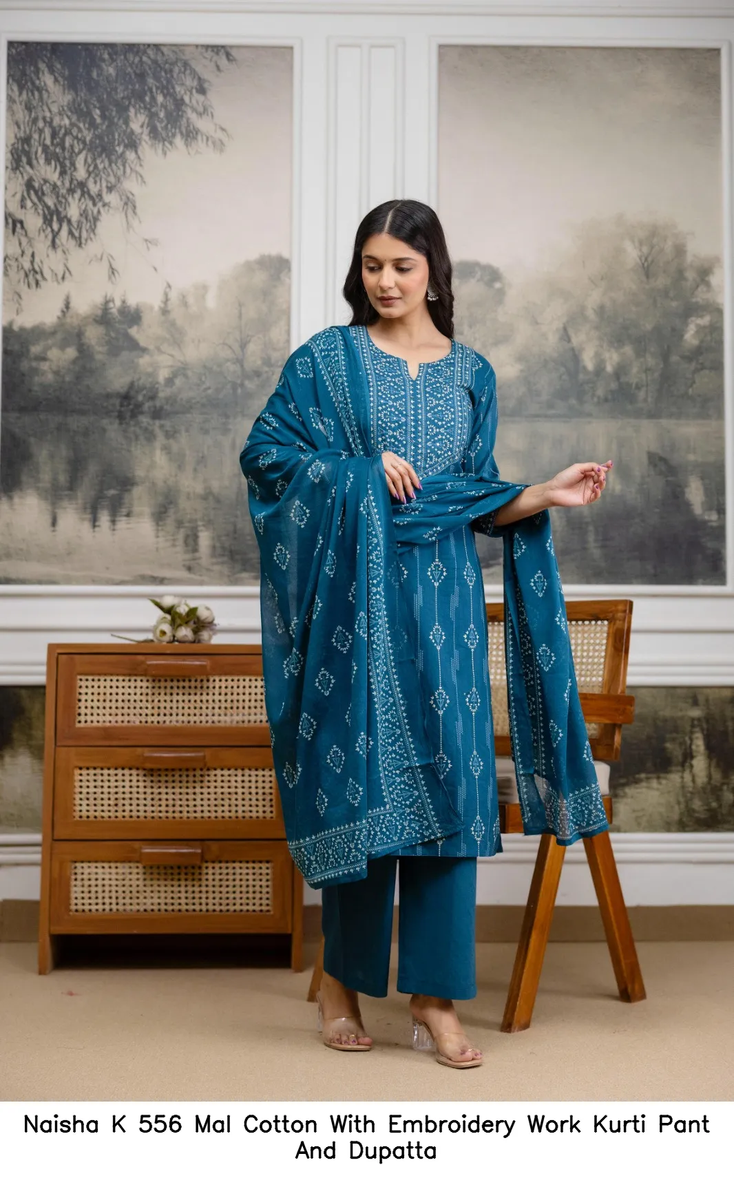 Naisha K 556 Mal Cotton With Embroidery Work Kurti Pant And Dupatta