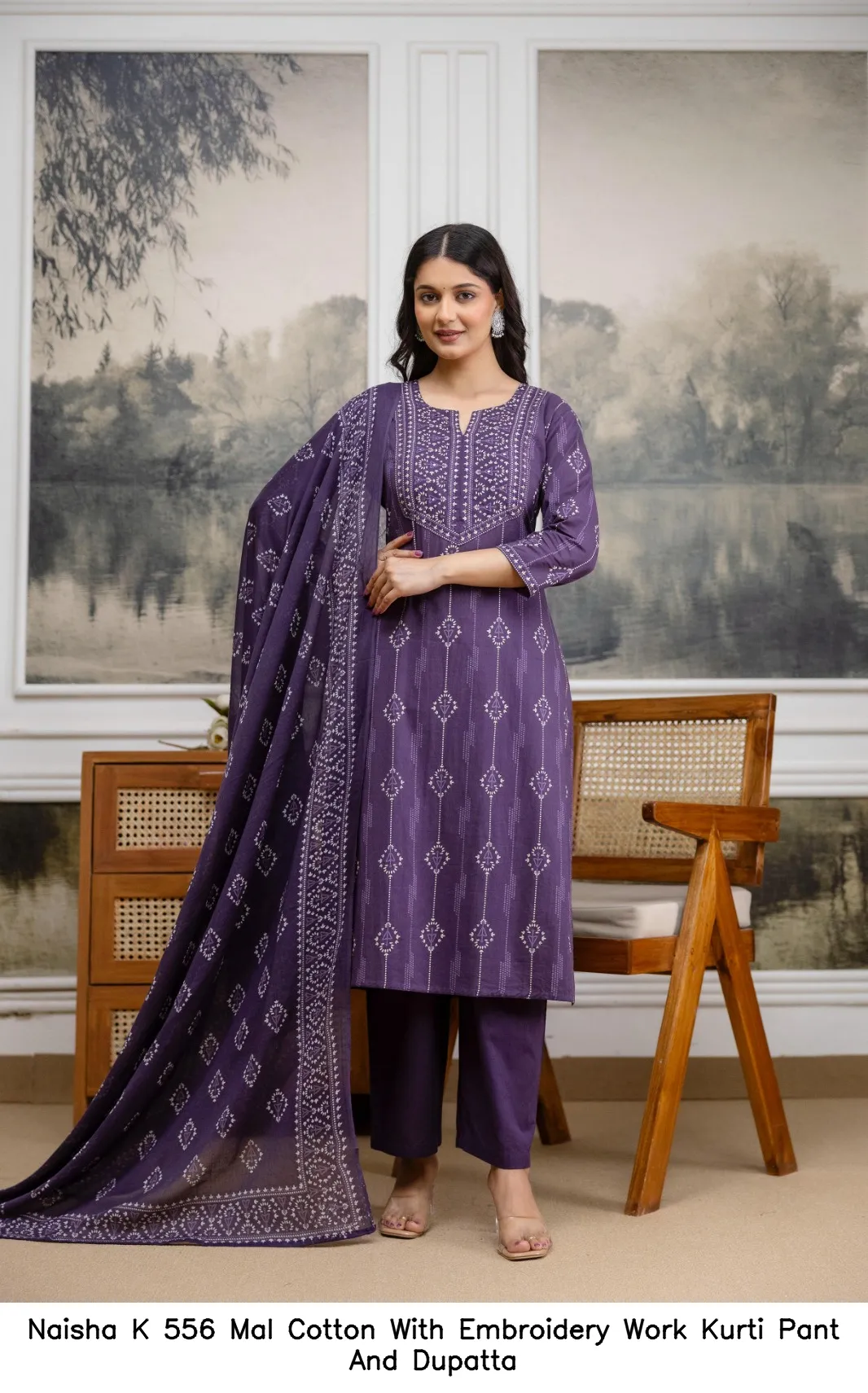 Naisha K 556 Mal Cotton With Embroidery Work Kurti Pant And Dupatta