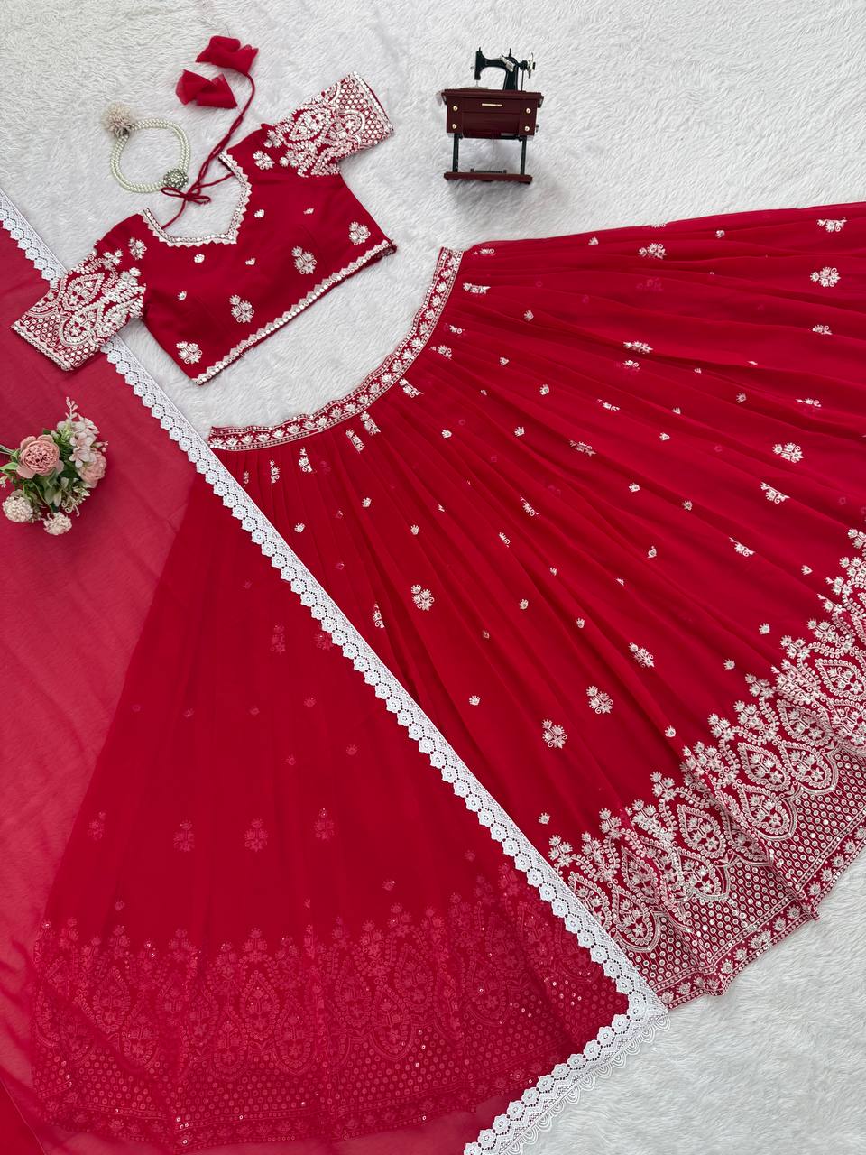 Beautifull Red Designer Embroidery Lehenga Choli Collection - Image 4
