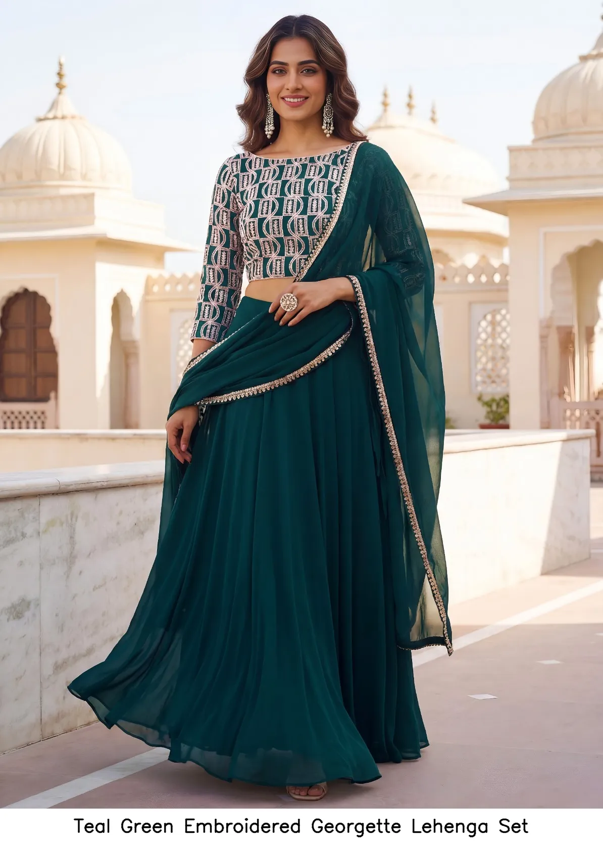 Teal Green Embroidered Georgette Lehenga Set
