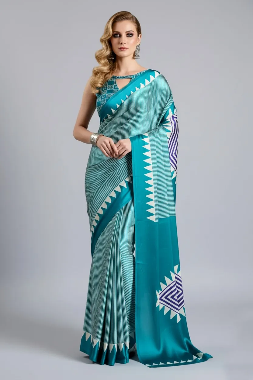Temple Japan Satin Ajrakh Printed Fancy Saree Catalog