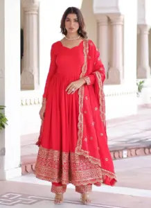 Red Vichitra Silk Readymade Embroidered  Salwar Suit