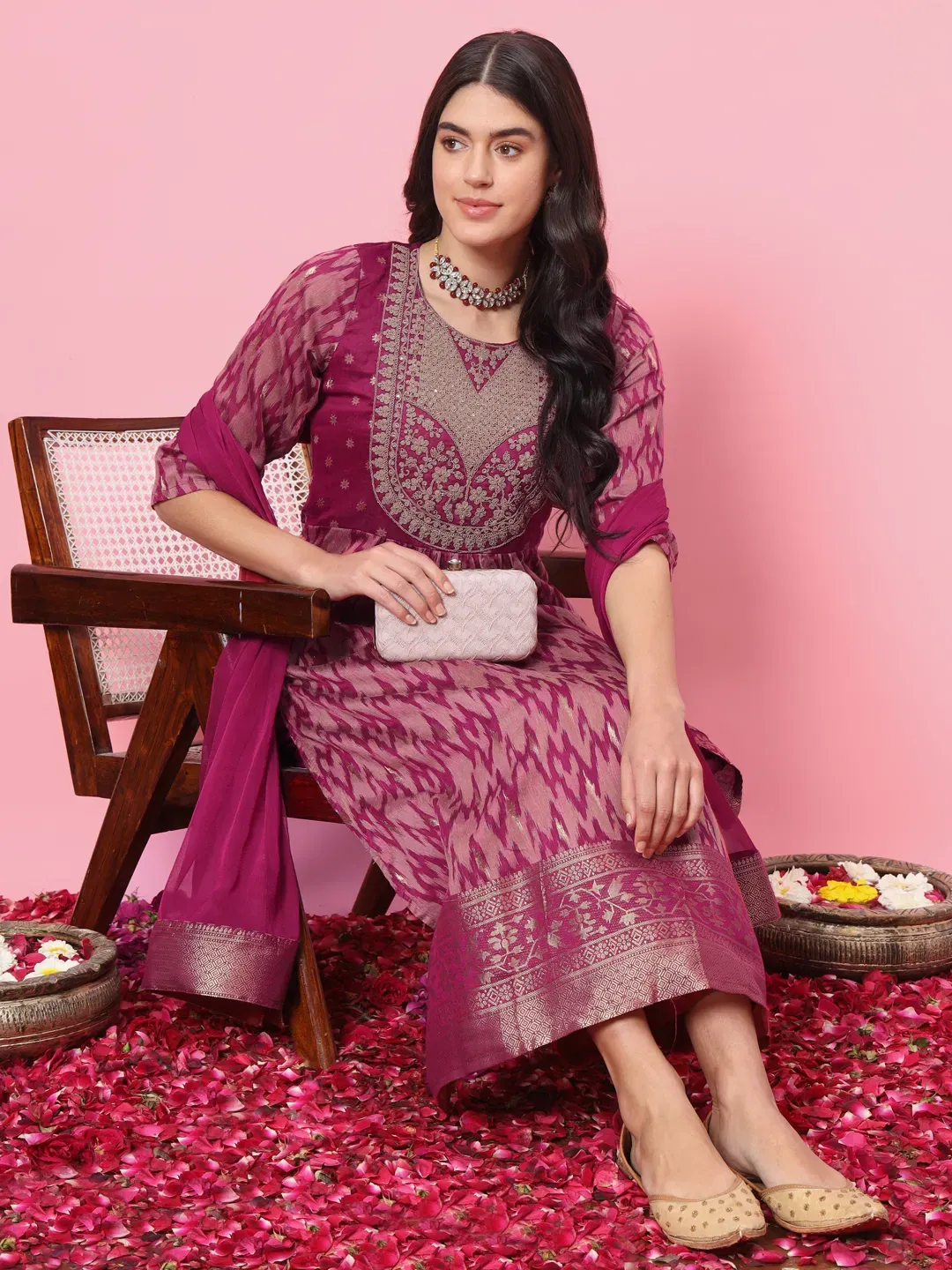Vp 9534p Purple Cotton Silk Embellished Flared Suit Set
