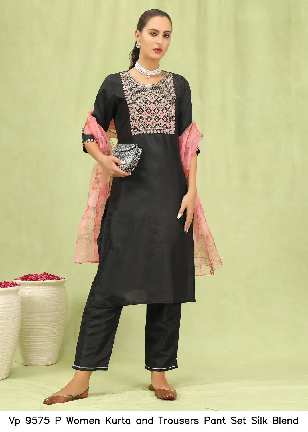 Vp 9575 P Women Kurta and Trousers Pant Set Silk Blend