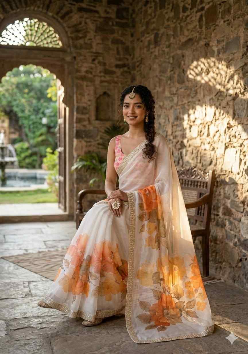 KC 909 Satin Georgette Hand Print Designer Saree Collection - Image 4