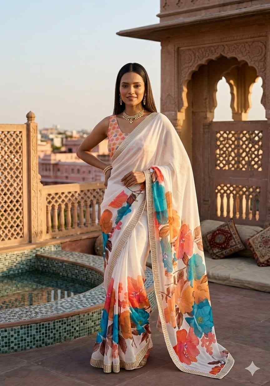 KC 909 Satin Georgette Hand Print Designer Saree Collection - Image 3