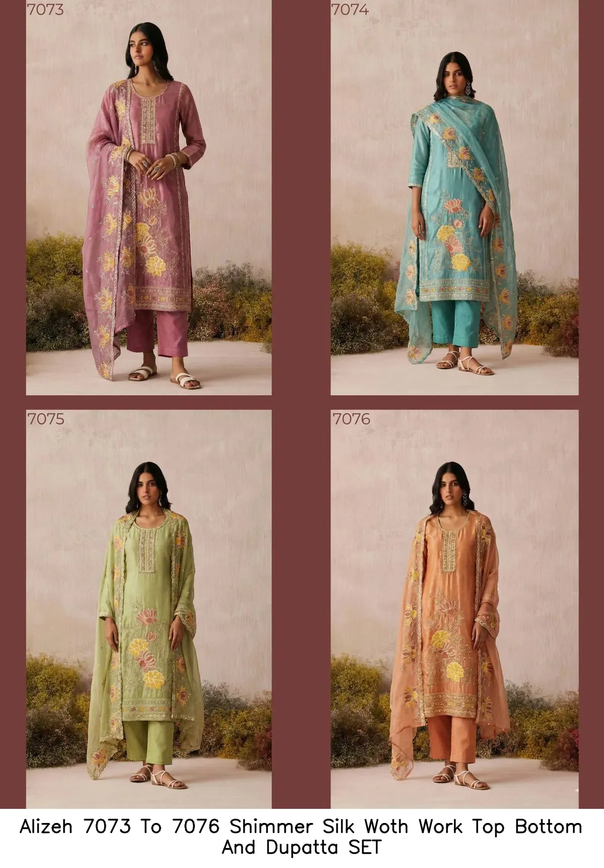 Alizeh 7073 To 7076 Shimmer Silk Woth Work Top Bottom And Dupatta SET — Wholesale Readymade Suit, Alizeh wholesale from Surat — view 2