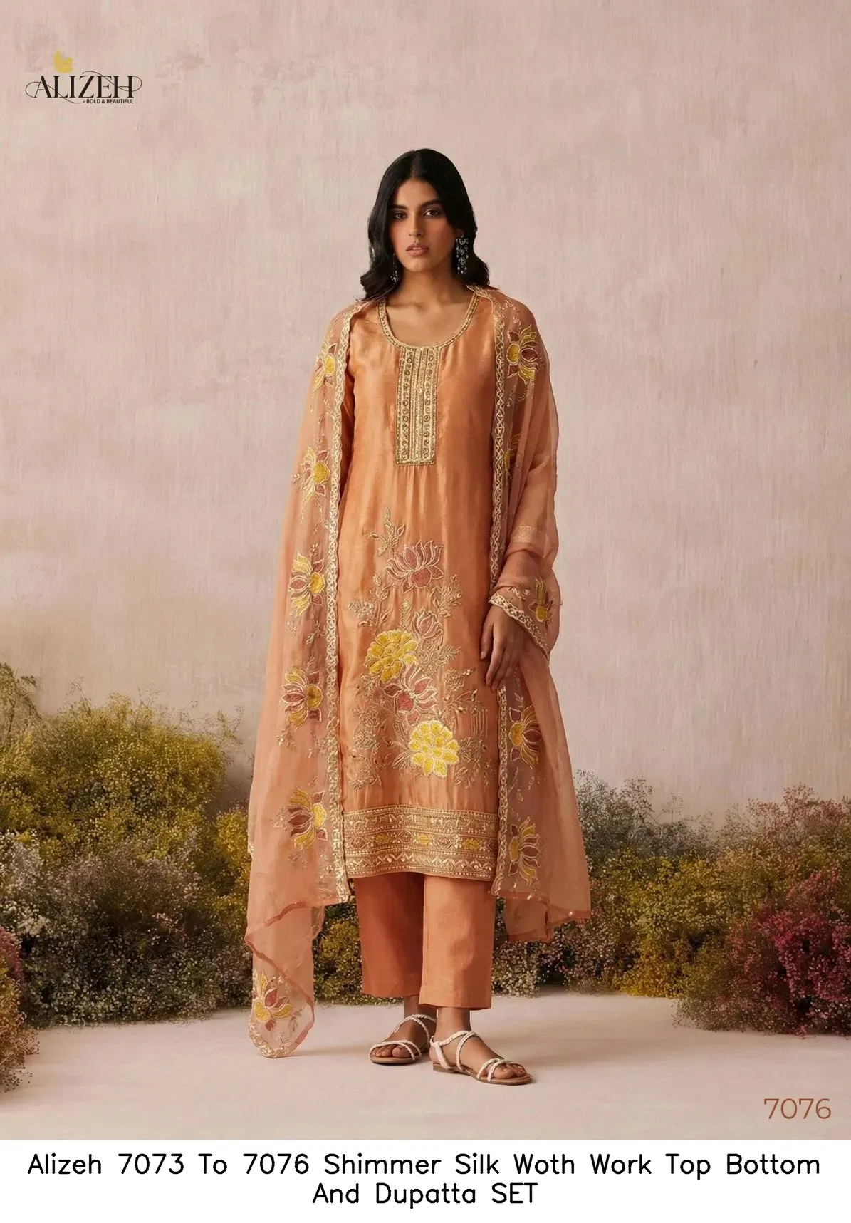 Alizeh 7073 To 7076 Shimmer Silk Woth Work Top Bottom And Dupatta SET — Wholesale Readymade Suit, Alizeh wholesale from Surat — view 3