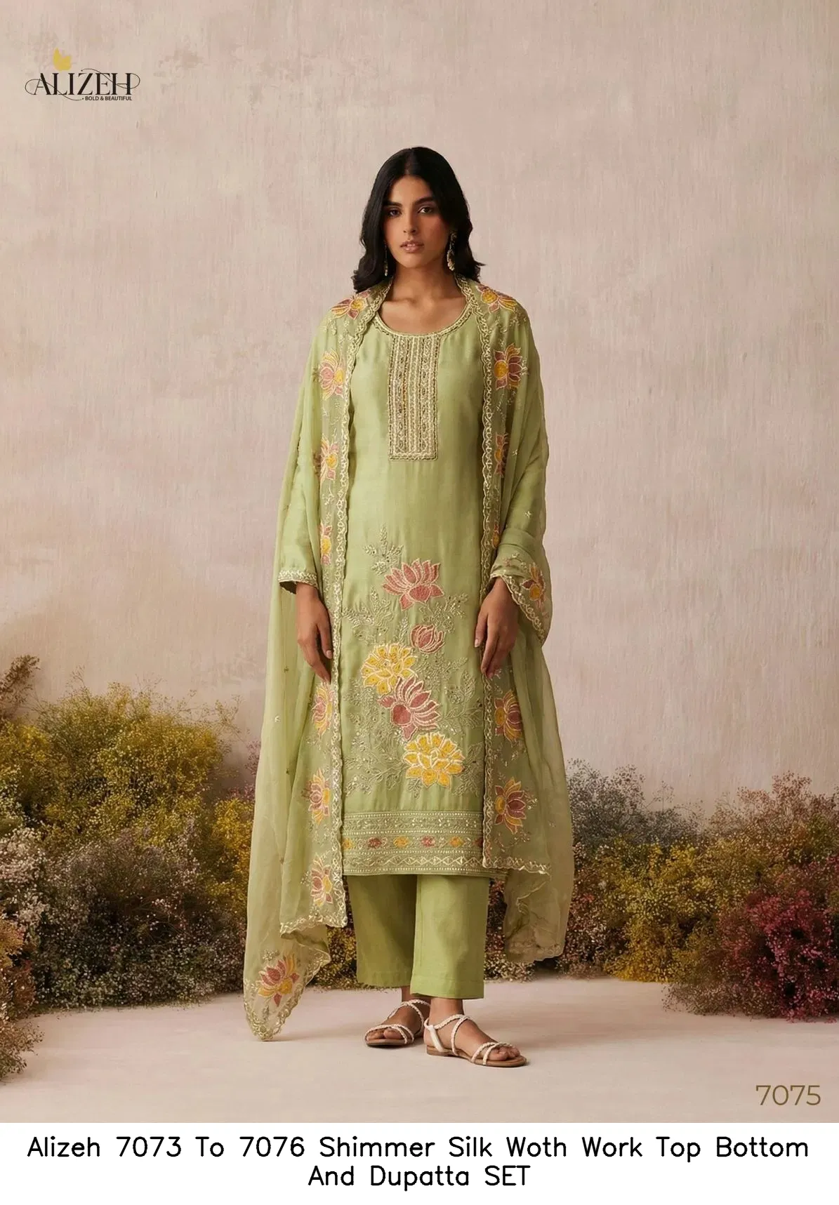 Alizeh 7073 To 7076 Shimmer Silk Woth Work Top Bottom And Dupatta SET — Wholesale Readymade Suit, Alizeh wholesale from Surat — view 4