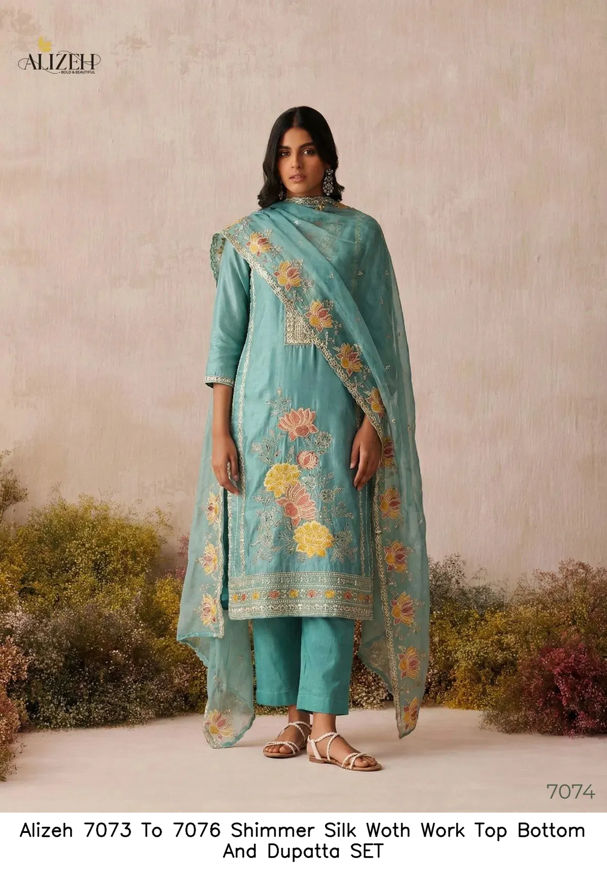 Alizeh 7073 To 7076 Shimmer Silk Woth Work Top Bottom And Dupatta SET — Wholesale Readymade Suit, Alizeh wholesale from Surat — view 5