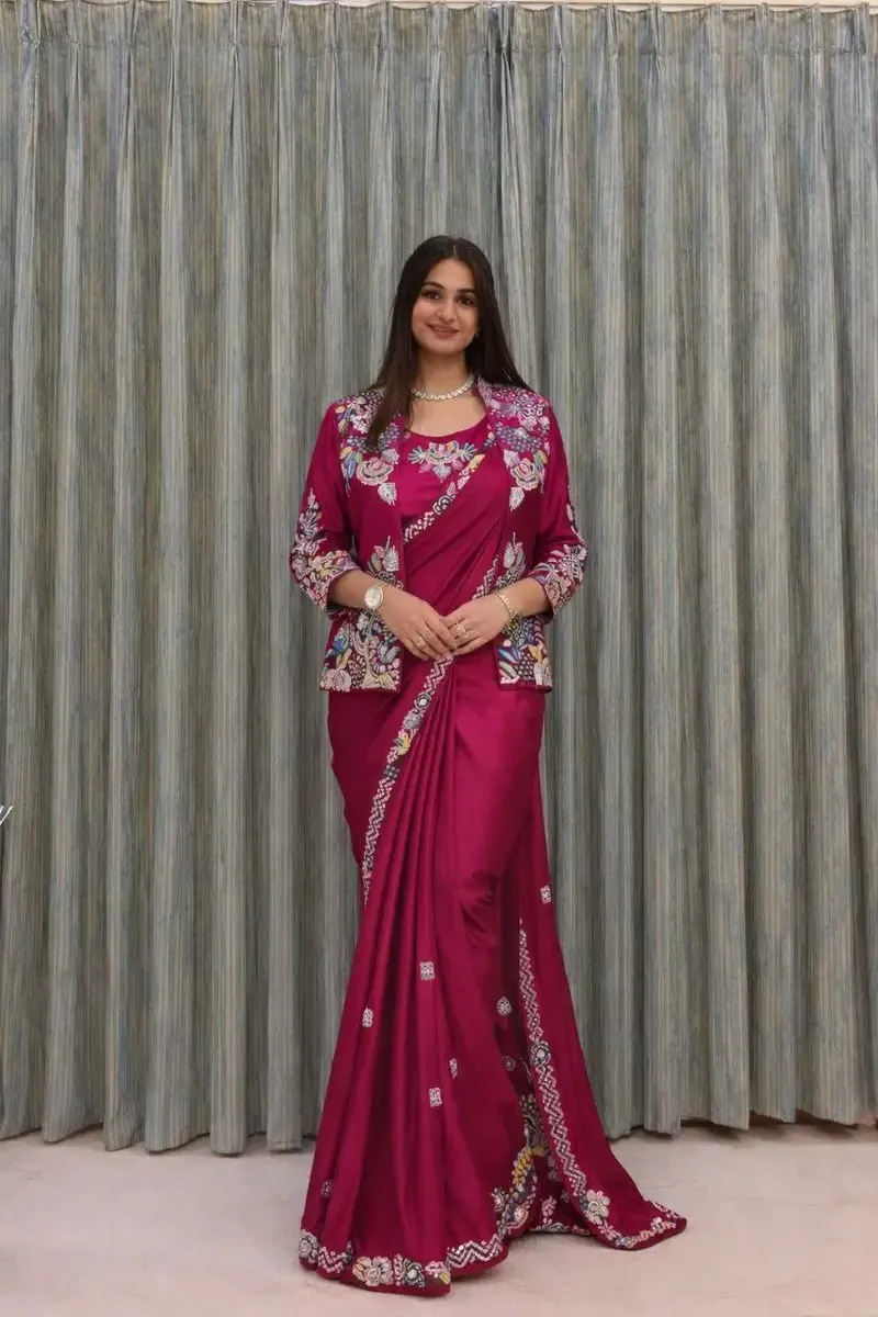 Bt 7142 Crep Satin Ready To Wear Saree With Koti Catalog