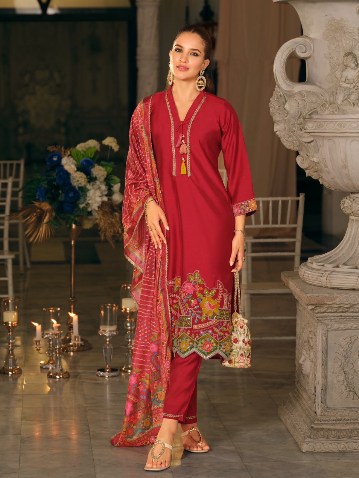 Indo Era 2614 Silk Blend Motifs Dyed Thread Work Kurta With Bottom & Dupatta Set - Image 3