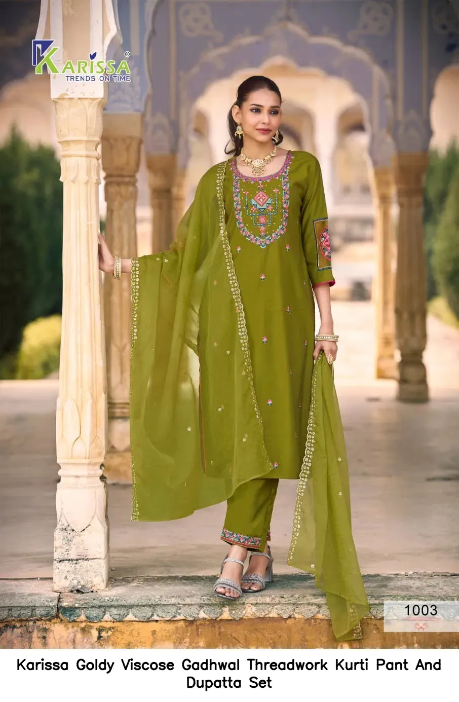 Karissa Goldy Viscose Gadhwal Threadwork Kurti Pant And Dupatta Set